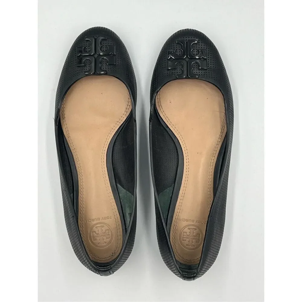 Tory Burch Lowell 2 Perforated Black Leather Ballerina Ballet Flat w Logo Size 7